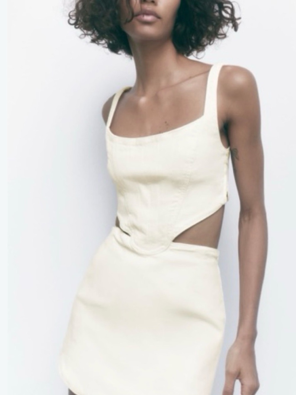 Zara Cream Denim Cutout Mini Dress with Sculpted Bodice and Wide Straps